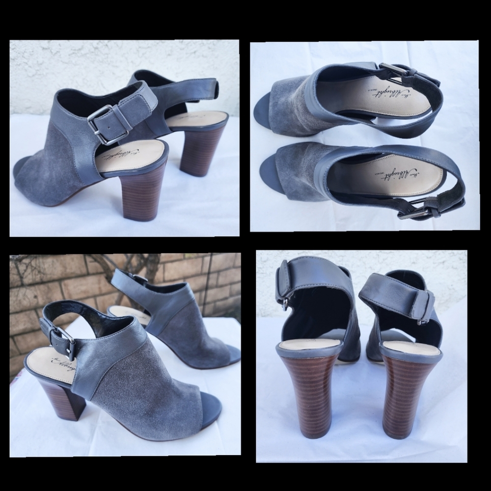 10M Women MISS ALBRIGHT grey chunky sling back buckle heels open peep toe suede